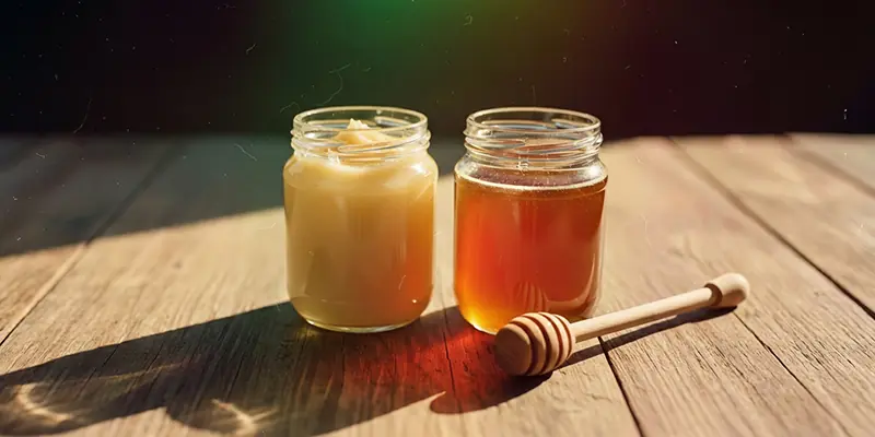 Zwei Honiggläser nebeneinander - links cremiger Honig, rechts flüssiger Honig aus Gera
