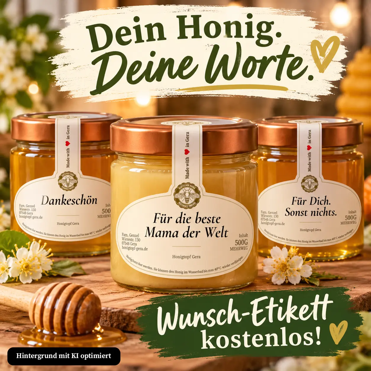 Drei Honiggläser mit personalisierten Etiketten – Für die beste Mama der Welt, Dankeschön und Für Dich. Sonst nichts. – Honigtopf Gera