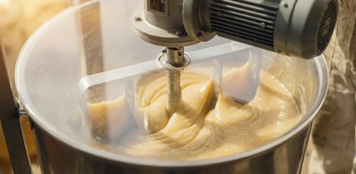 Imker rührt Honig in großem Edelstahlbehälter für cremige Konsistenz