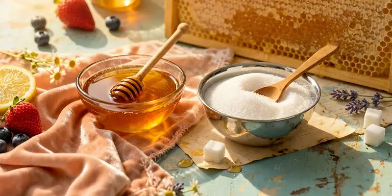 Honig oder Zucker Vergleich – Was ist gesünder für die Gesundheit Honig und Zucker im direkten Vergleich auf Holztisch mit Löffeln