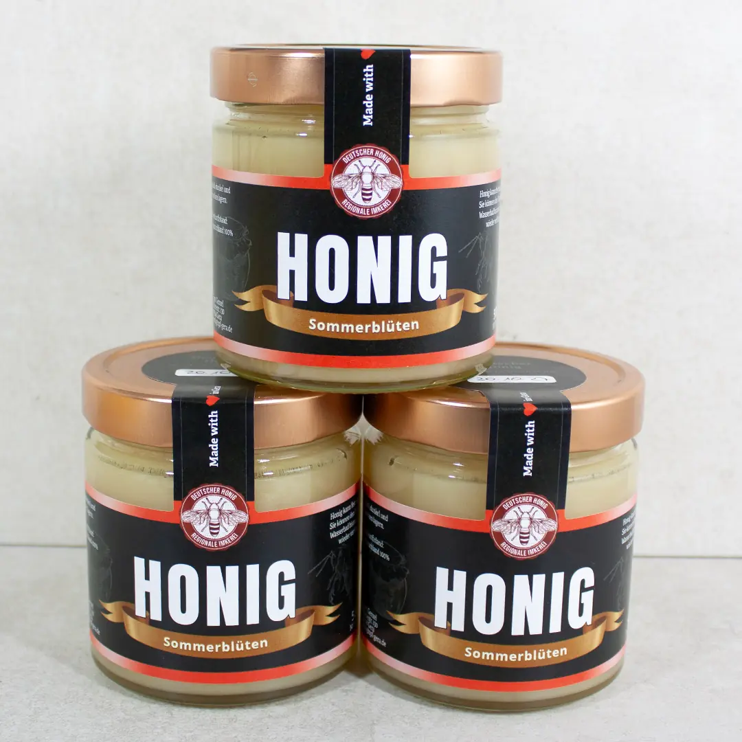 3 Gläser Sommerblütenhonig 500g nebeneinander, goldgelb-cremig, von Imkerei Honigtopf Gera