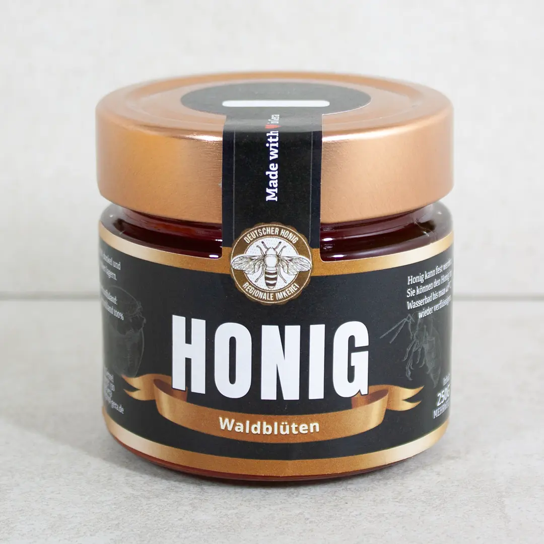 Brauner, flüssiger und Würziger Waldblütenhonig im 250g Glas